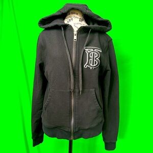 Burberry Aubree Jacket. Embroidered Monogram Zipped up Hoodie. Black. Size SP.